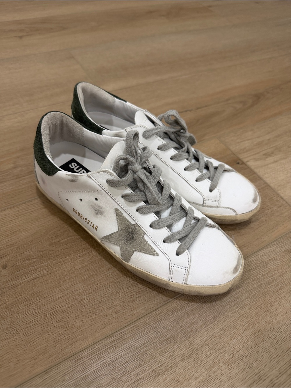 Golden Goose White Leather Sneakers with Gray Star and Green Heel